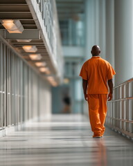 Inmate walking down corridor in prison wearing orange jumpsuit  