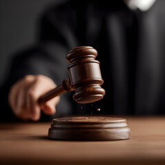 Judge striking gavel on sound block in courtroom during session  