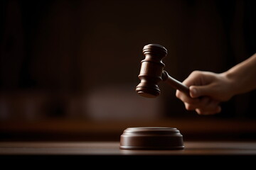 Judge's hand striking gavel on wooden block in courtroom setting  