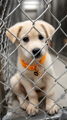 Cute yellow Labrador puppy sitting behind a wire fence in shelter  