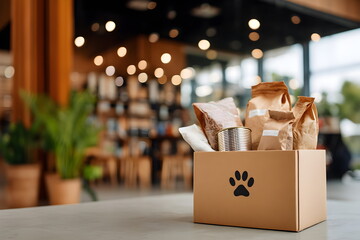 Pet donation supplies box with various food items on a table in cafe, layout with copy space  