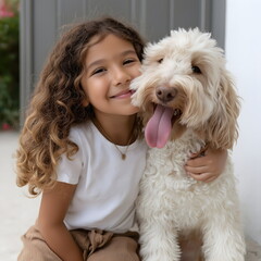 Child hugging dog, candid loving interaction, bright daylight, wholesome vibe