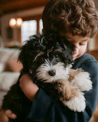 Boy hugging puppy with affection in cozy indoor setting  