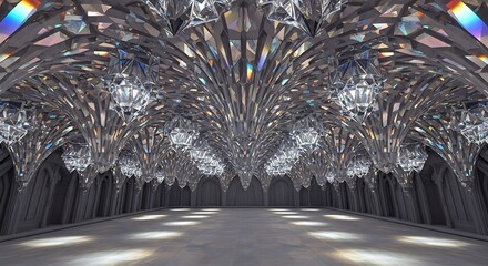 Opulent crystalline vaulted hall with mirrored chandeliers and refractive light pattern.