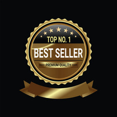 Golden best seller badge with premium quality on black background