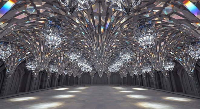Opulent crystalline vaulted hall with mirrored chandeliers and refractive light pattern. - Powered by Adobe