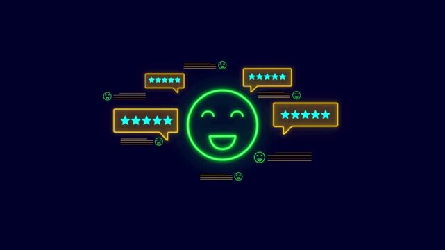 Customer satisfaction and digital feedback concept. with smiling face icon and five-star ratings, representing positive review, client experience, online service quality. 4k video glowing animation. - Powered by Adobe