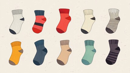 Flat sketch template of mid-calf socks, unisex fashion CAD drawing.