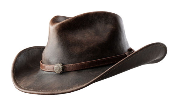 Brown leather cowboy hat, worn appearance