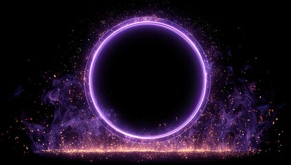 A purple glowing ring surrounds darkness, with smoke and sparkles adding depth