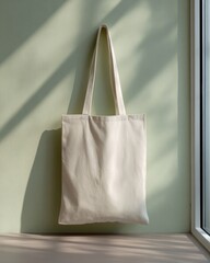 Soft Pastel Tote Bag Mockup on a Flat Surface with Shadow Against a Light Wall