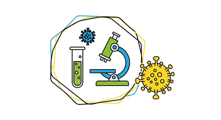 Virus research and science vector illustration with microscope and test tube for medical laboratory
