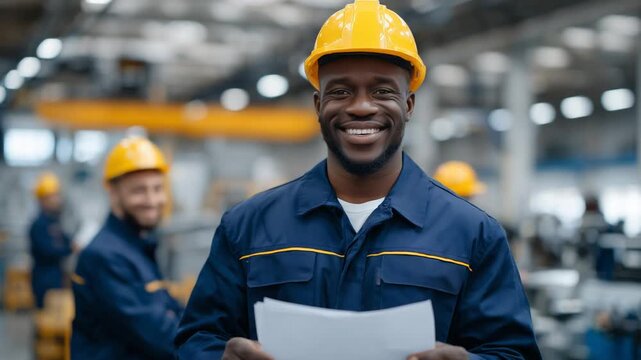 A joyful African worker in a safety helmet holds a blank document in an industrial hall, highlighting collaboration and expertise amidst machinery and colleagues.