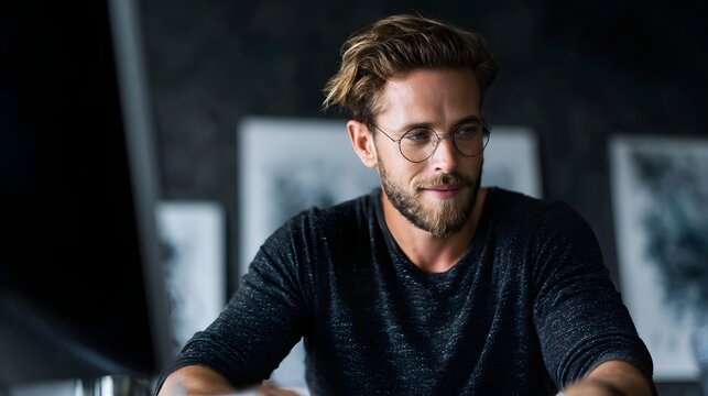 Young stylish man with glasses and beard working on a computer in a modern creative office setting