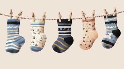 Vector set of socks drying on a clothesline, isolated illustration.