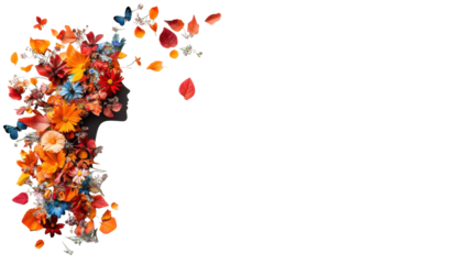 Female head with vibrant floral hair design