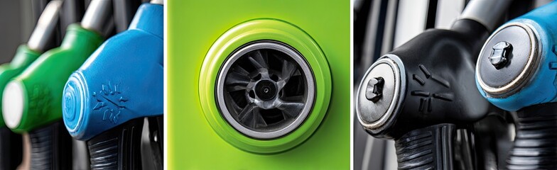 Close-up of fuel nozzles in varying colors, a green panel with a metal detail is central