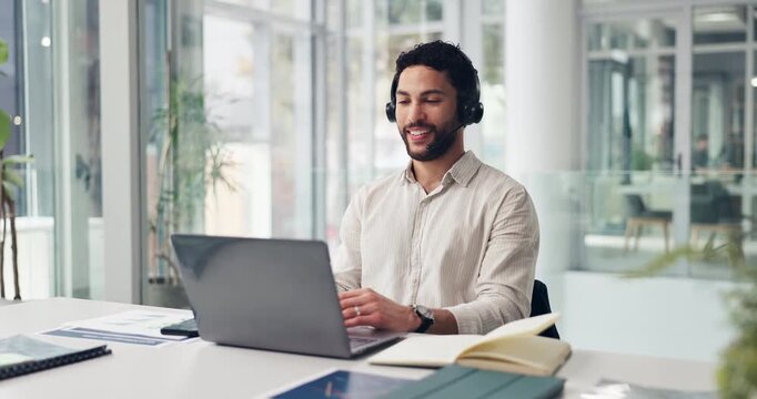 Office, video call and man with laptop, discussion and talk with contact for sales pitch on website. Investment banker, online meeting and communication with headset, smile and explaining strategy