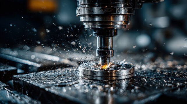 High-speed CNC milling machine cutting metal with coolant spray