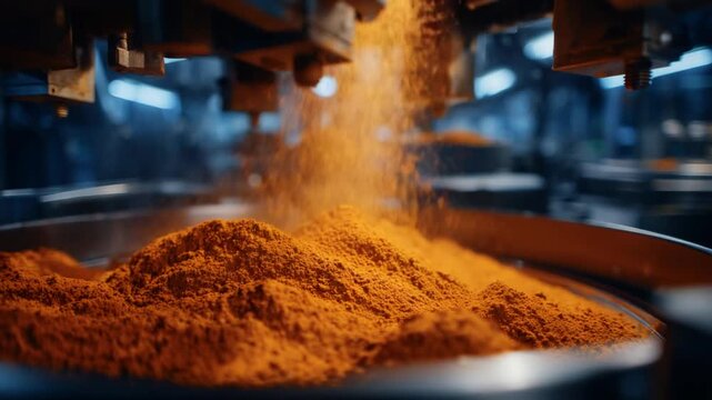 Efficient industrial hopper system precisely dispenses vibrant orange spice powder into a stainless steel container, with mechanical arms ensuring accuracy.
