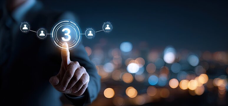 Hand touching digital number three with connected user icons against blurred city lights backdrop