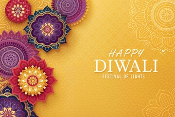 "Diwali Greeting Card with Mandala poster Design and Golden Floral Background" banner Diwali template