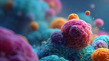 Macro close-up of colorful, textured, spherical cells in a gradient blue environment