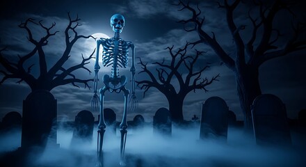 Eerie Skeleton Standing in Foggy Cemetery Under Full Moon