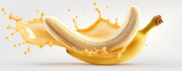 A peeled banana sprays yellow liquid, with a whole banana and white background