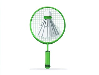 A green badminton racquet holding a shuttlecock against a white background