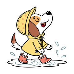 Naklejka premium Cartoon Dog Wearing Yellow Raincoat in Rain Illustration