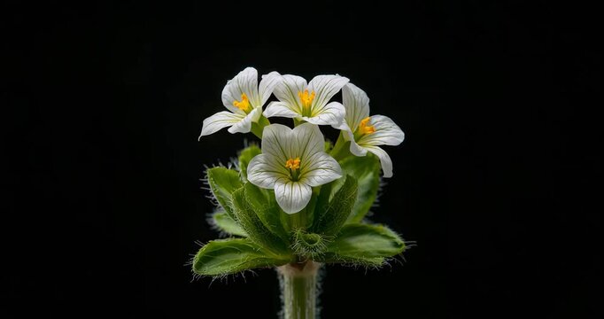 Delicate white flowers with yellow centers isolated on black background