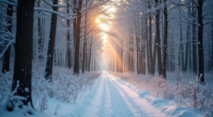 Snowy path in the woods with sun shining through the trees