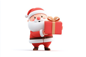 A cartoonish red and white santa holding a gift box. The santa is smiling and he is happy on white background