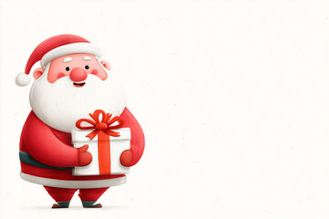 A cartoonish red and white santa holding a gift box. The santa is smiling and he is happy on white background
