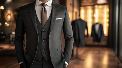 Elegant fashion store interior showcasing formal suits and accessories