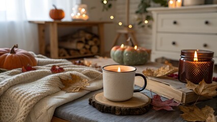 Fall aesthetics. candle in coffee mug. autumn interior decor with cozy blanket and burning candles