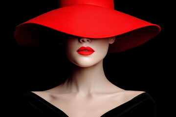 Bright carrot-colored lips of a model in a bright carrot-colored felt hat on a black background. Advertising of lipstick, cosmetics, and a luxury clothing store. 