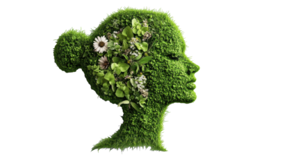 Female head with flowers and foliage artwork on transparent background