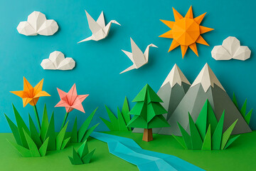 summer landscape made of origami paper