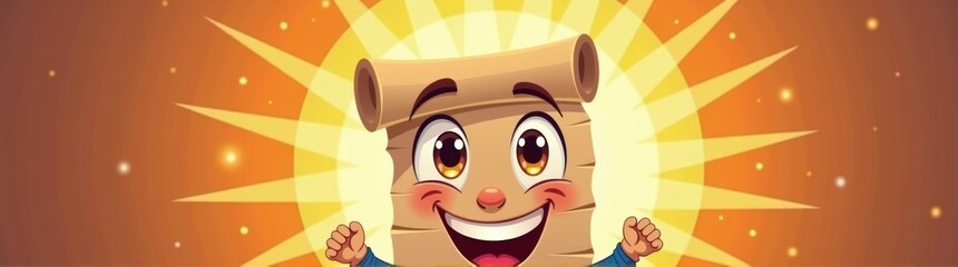 Happy cartoon parchment roll mascot with wide grin and shiny eyes