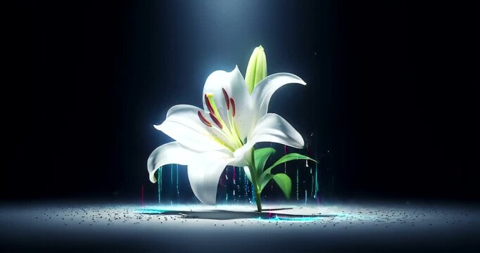 Stunning white lily illuminated by colorful light beams in a dark setting