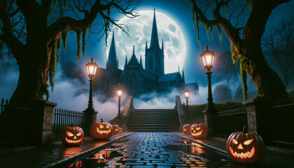 Gothic Cathedral with Jack O Lanterns and Full Moon on Foggy Halloween Night
