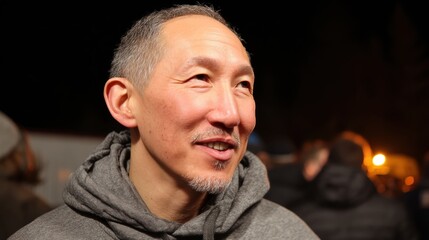A man in a gray hoodie smiles warmly under soft lighting, with a blurred crowd and night scene in the background