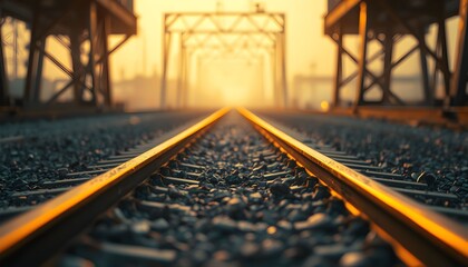 Obraz premium A captivating perspective of railway tracks stretching towards a bright, sunlit horizon, evoking a sense of journey.