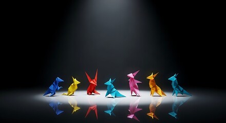 Colorful origami animal lineup under dramatic studio spotlight with reflections.