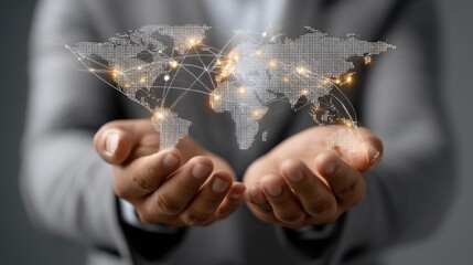 Hands holding a digital globe representation symbolizing global communication and connectivity in a business environment