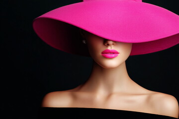 Bright pink lips of a model in a bright pink felt hat on a black background. Advertising of lipstick, cosmetics, a luxury clothing store.