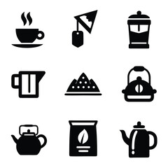 Black icons of tea and coffee related objects on white background saucer steam