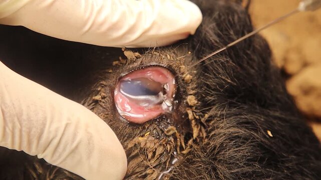 Veterinarian treating a sheep&rsquo;s eye with corneal opacity and keratoconjunctivitis in a remote area using subconjunctival injection under local anesthesia. Full recovery in 2 weeks. Veterinary medicine